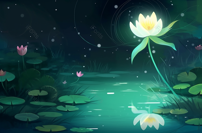盛夏夜景荷花绽放唯美插画绿色背景,插画/手绘图,插画/手绘图库,插画/手绘图下载,插画/手绘
